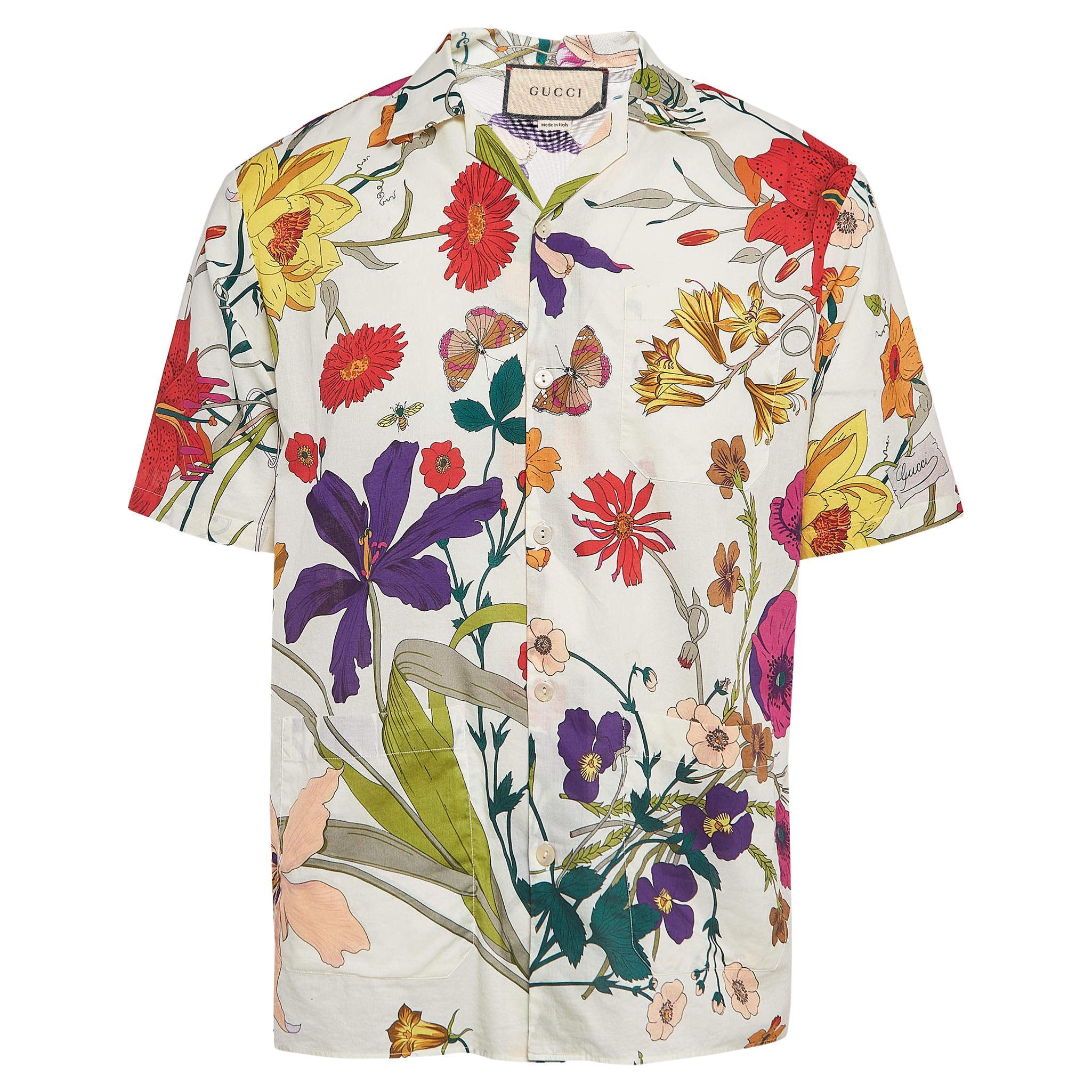 Gucci Cream Floral Printed Muslin Cotton Bowling Shirt S For Sale
