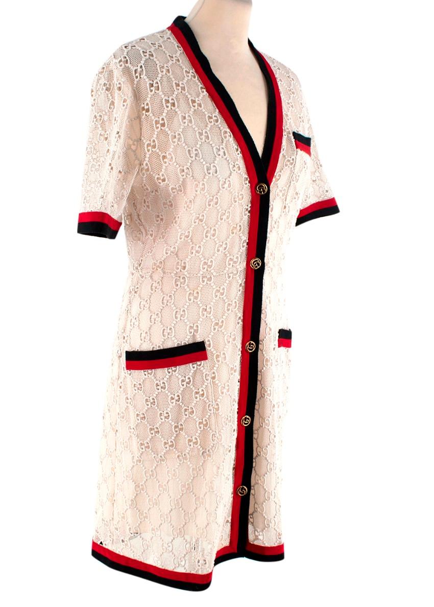 Gucci Cream GG Monogram lace Button-Up Short Dress

- Cardigan style, button-through dress made of all over GG monogram lace mesh
- Includes tonal silk slip with lace trim
- Trimmed with signature bicolour webbing
- Breast pocket and 2 hip patch