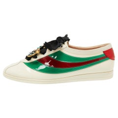 Gucci Cream/Green Patent Leather Crystal Embellished Low Top Sneakers Size 38
