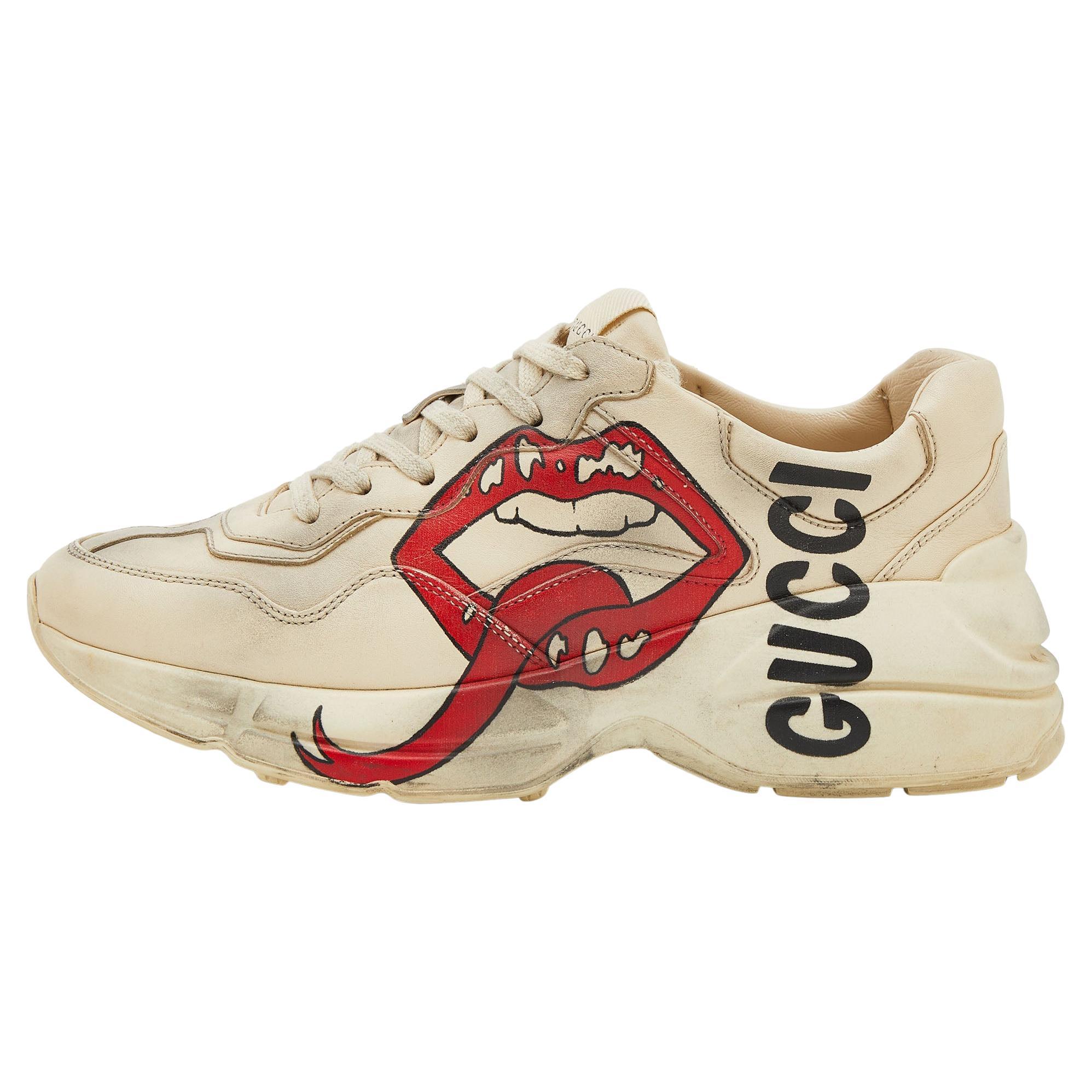 Gucci Cream/Grey Leather Rhyton Gucci Logo Lace Up Sneakers Size 38.5
