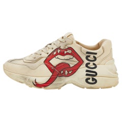 Gucci Cream/Grey Leather Rhyton Gucci Logo Lace Up Sneakers Size 38.5