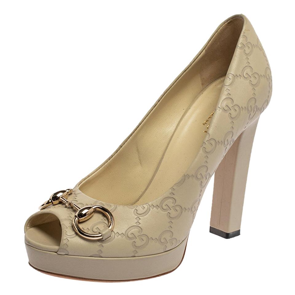 Gucci Cream Guccissima Leather Horsebit Peep Toe Platform Pumps Size 38