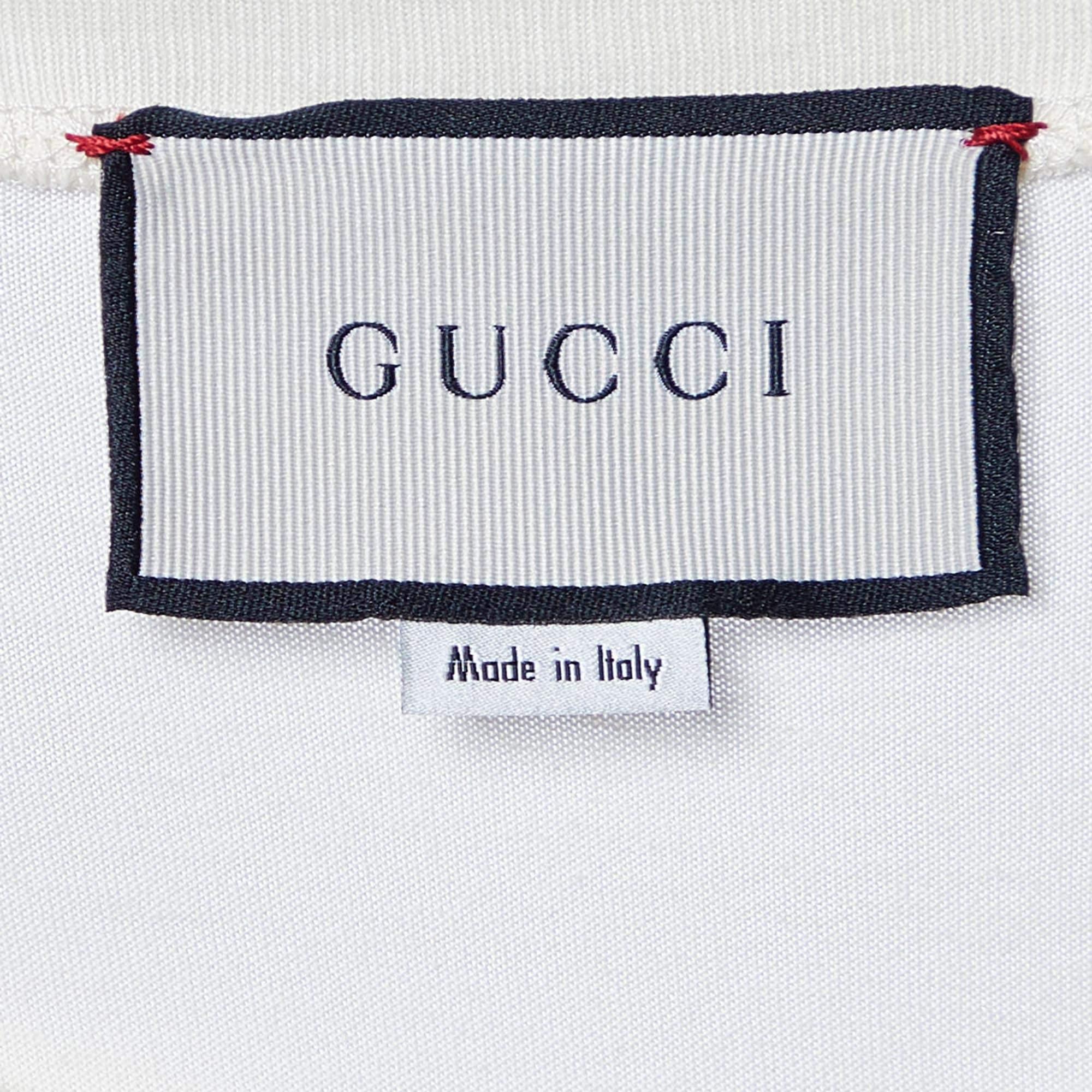 Gucci Cream Guccy Print Baumwolle T-Shirt mit Rundhalsausschnitt L im Zustand „Neu“ im Angebot in Dubai, Al Qouz 2