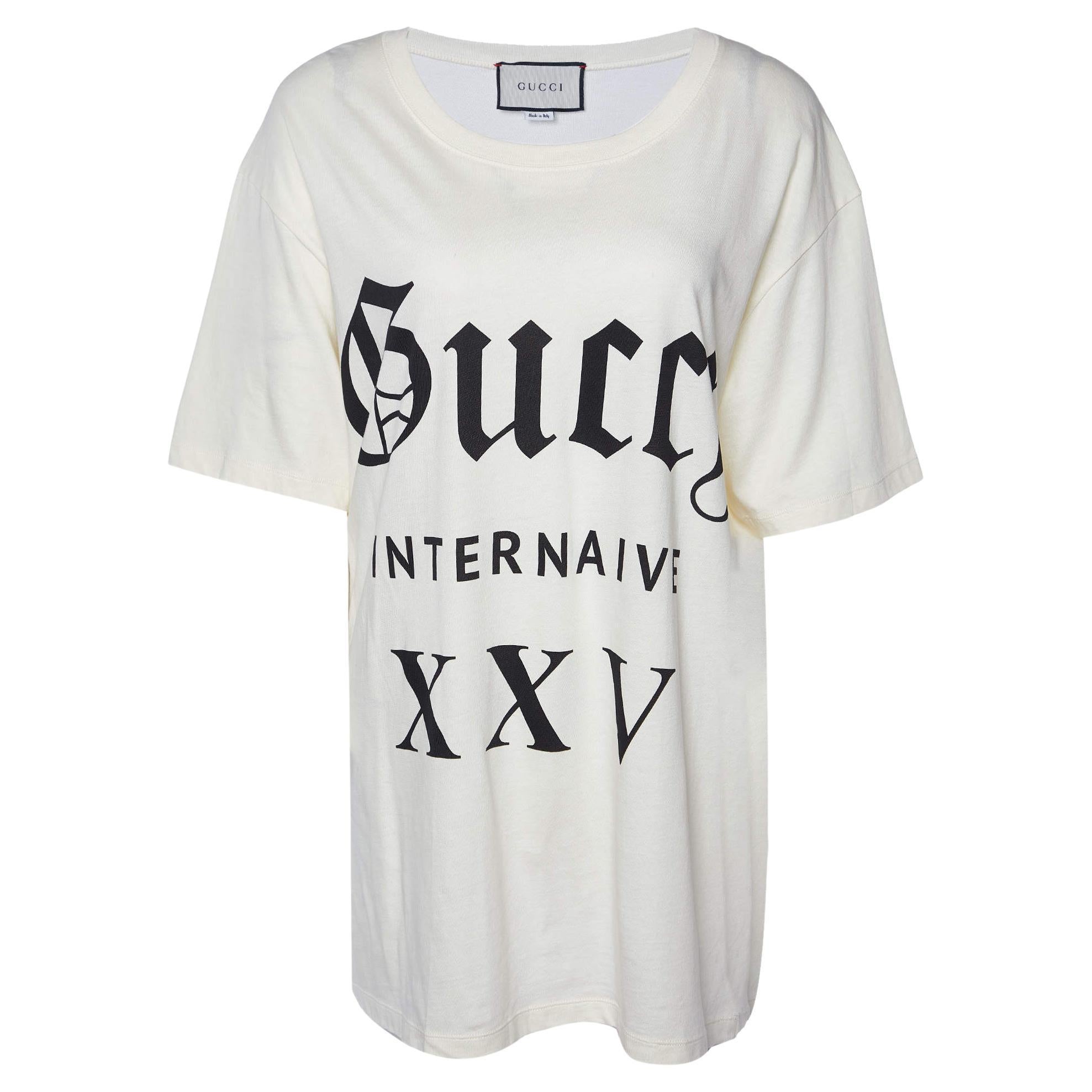 Gucci Cream Guccy Print Cotton Crew Neck T-Shirt L