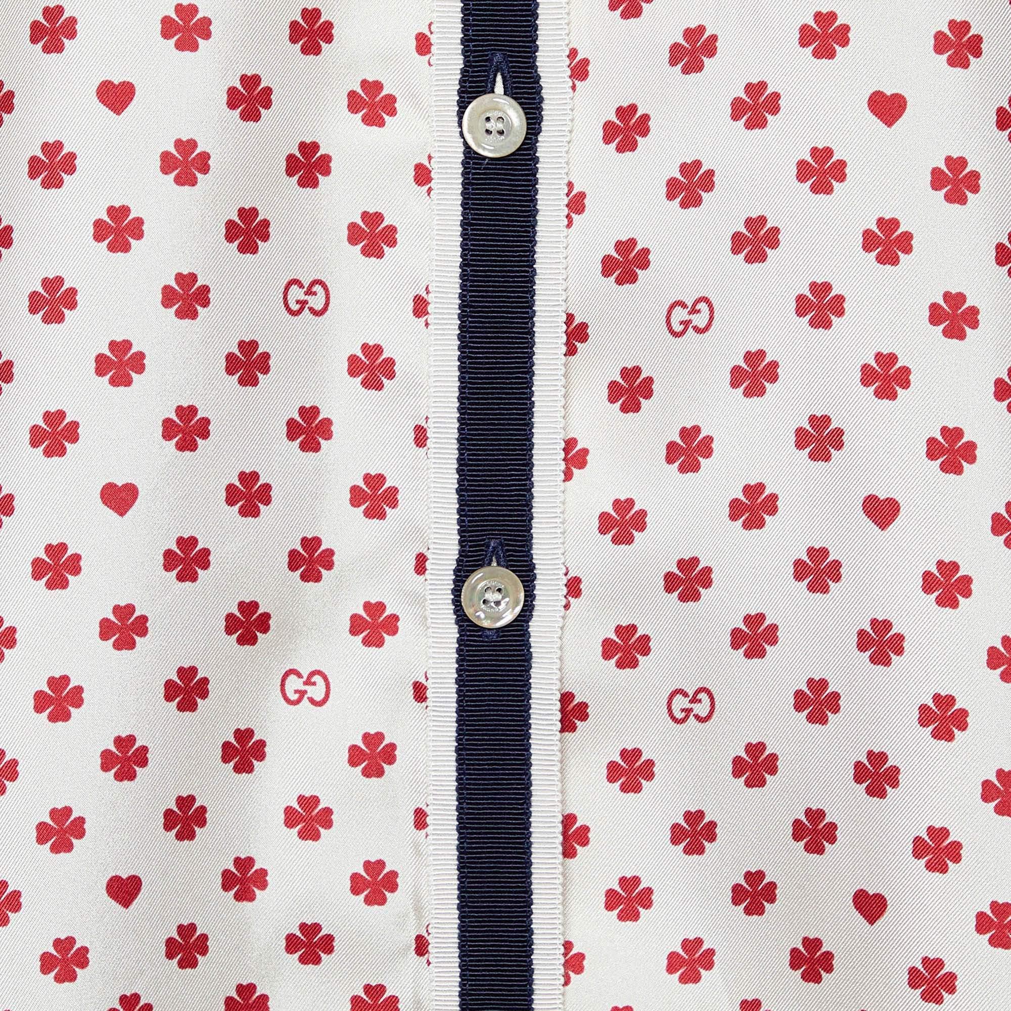Gucci Cream Hearts Clover Printed Silk Button Front Shirt L In Excellent Condition In Dubai, Al Qouz 2