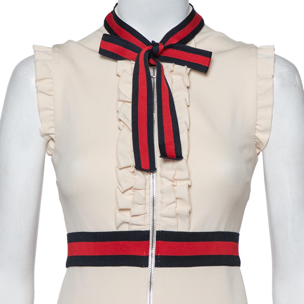 Beige Gucci Cream Jersey Web Stripe Neck Tie Detail Zip Front Mini Dress XS