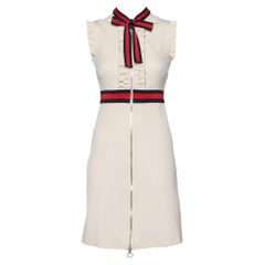 Gucci Cream Jersey Web Stripe Neck Tie Detail Zip Front Mini Dress XS