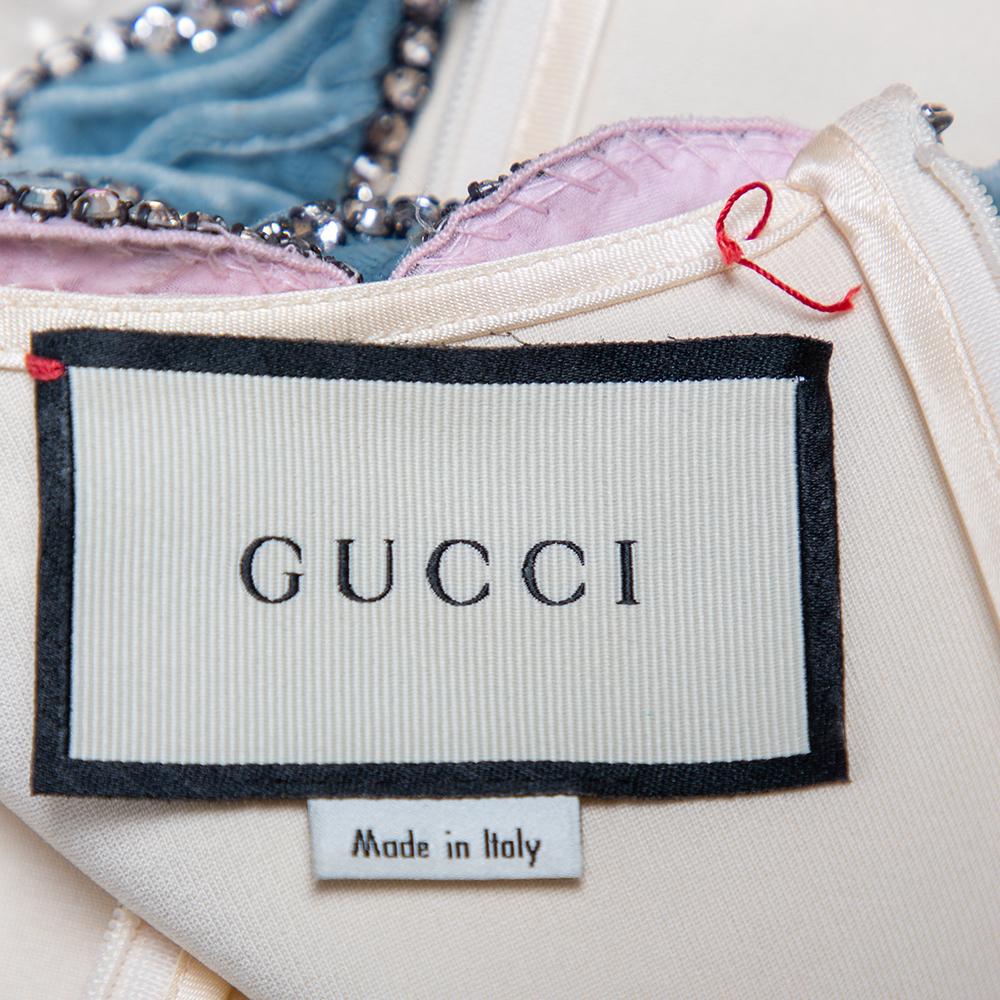 Beige Gucci Cream Knit Crystal Embellished Velvet Trim Detail Shift Dress M