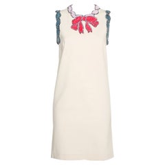 Gucci Cream Knit Crystal Embellished Velvet Trim Detail Shift Dress M
