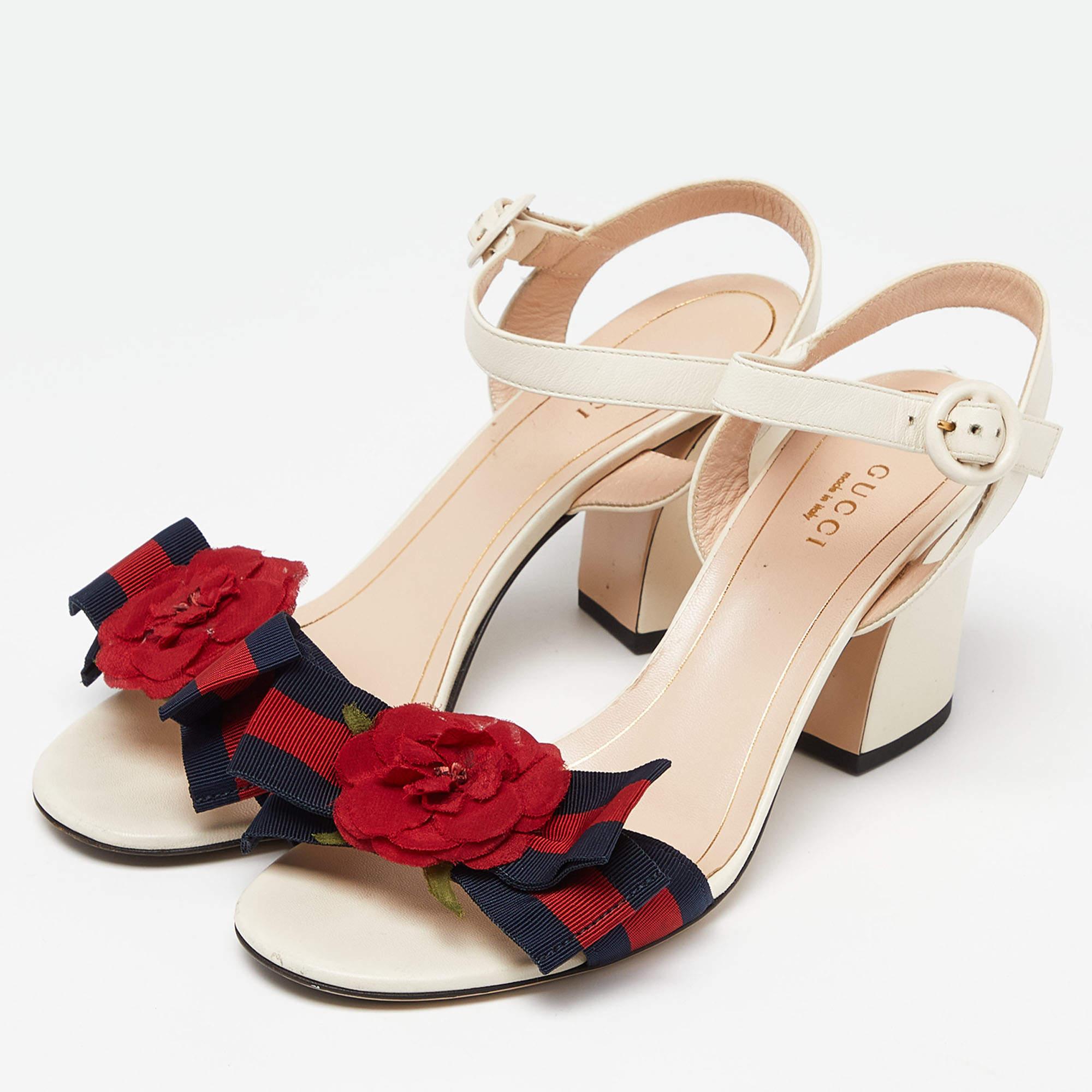 Gucci Cream Leather and Canvas Bow Flower Ankle Strap Sandals Size 37.5 1