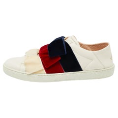Gucci Cream Leather And Velvet Bow Ace Slip On Sneakers Size 37.5