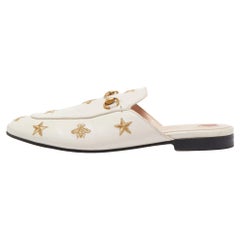 Gucci Cream Leather Bee and Star Embroidered Princetown Flat Mules Size 39.5