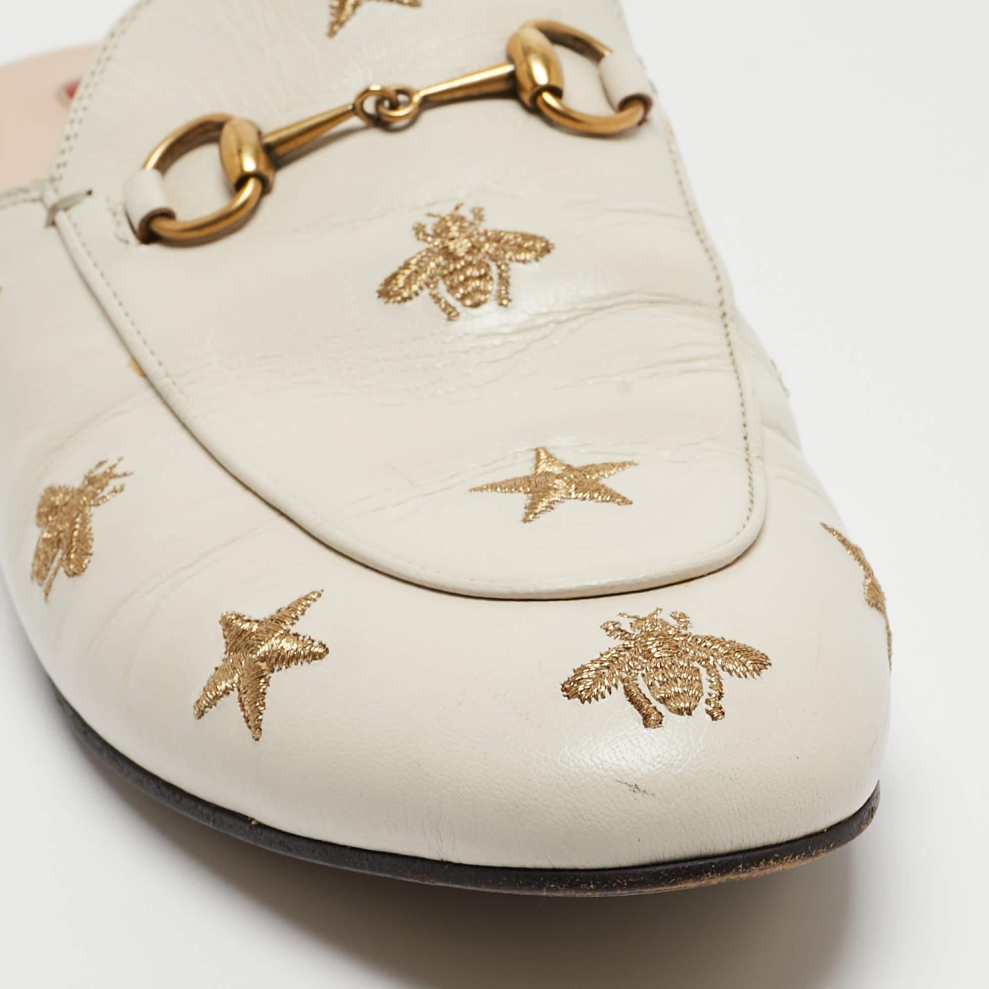 Women's Gucci Cream Leather Bee and Star Embroidered Princetown Flat Mules Size 41.5 For Sale