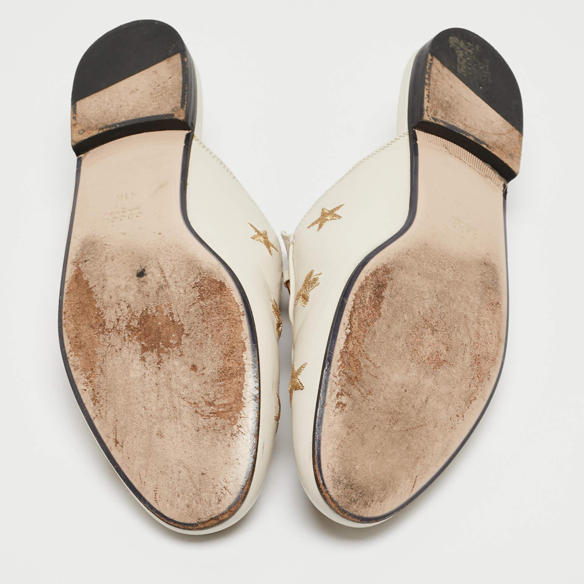 Gucci Cream Leather Bee and Star Embroidered Princetown Flat Mules Size 41.5 For Sale 2