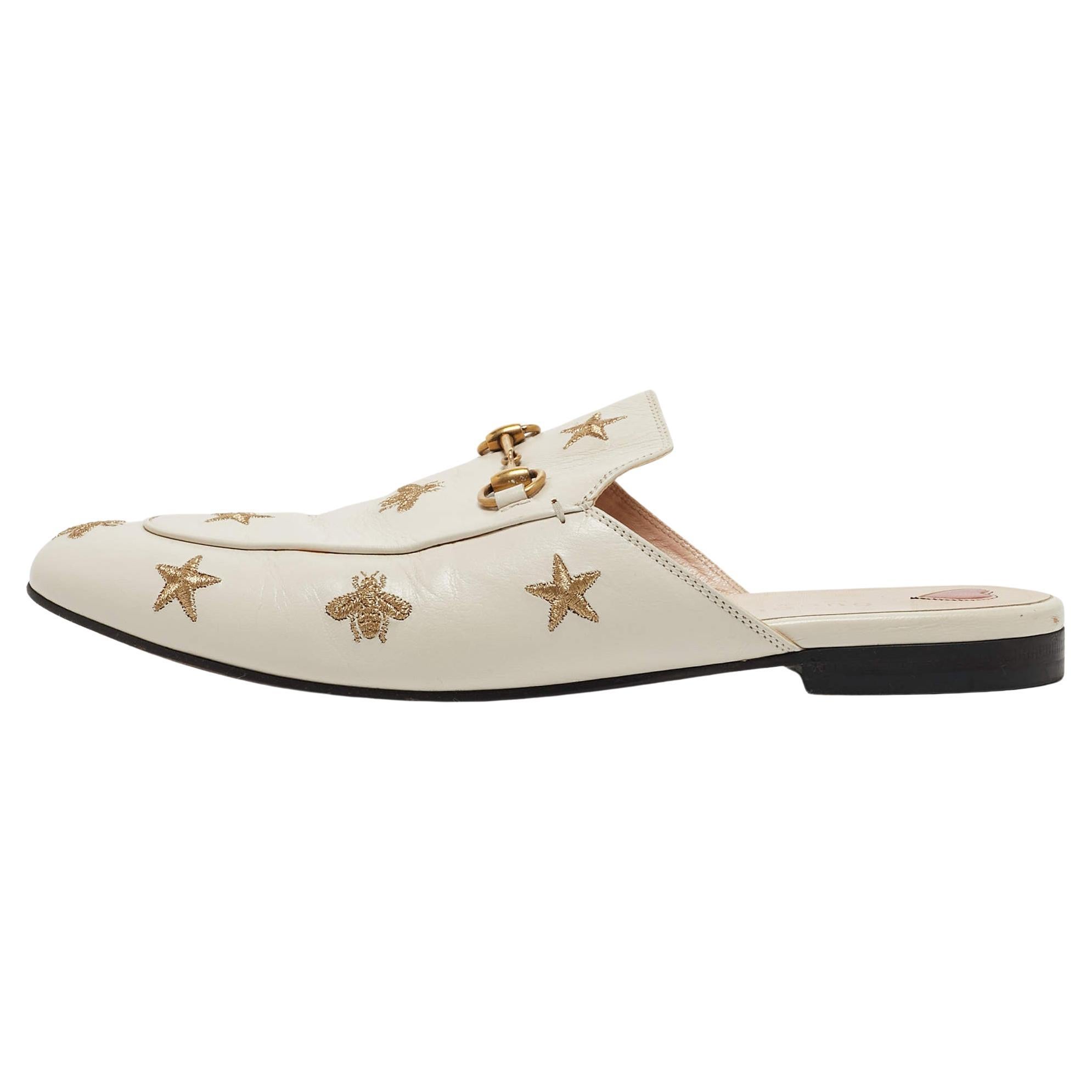 Gucci Cream Leather Bee and Star Embroidered Princetown Flat Mules Size 41.5 For Sale