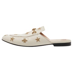 Used Gucci Cream Leather Bee and Star Embroidered Princetown Flat Mules Size 41.5
