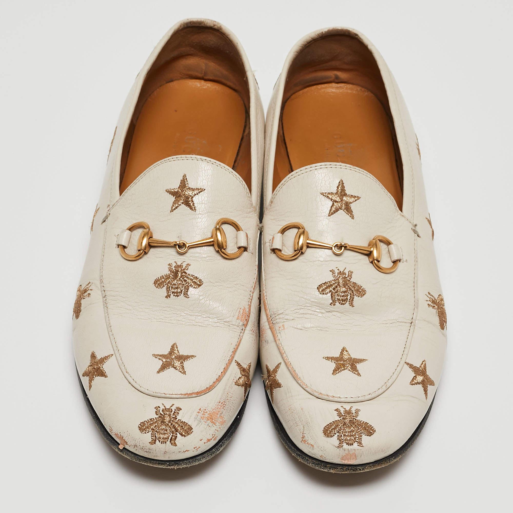 Women's Gucci Cream Leather Bee & Star Embroidered Jordaan Loafers Size 40