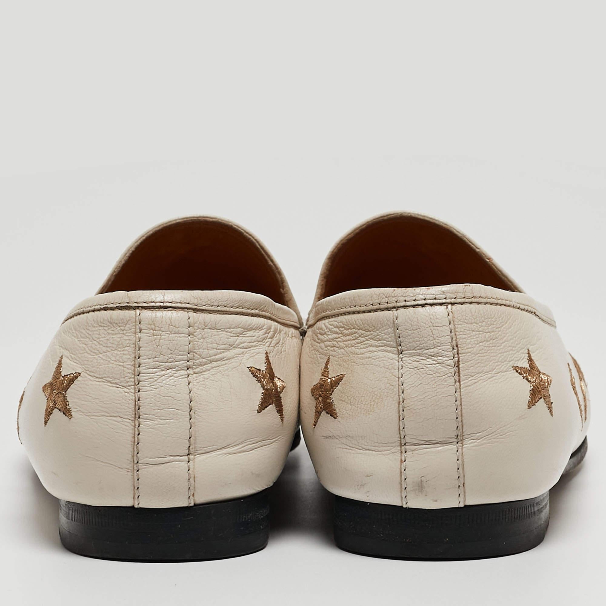Gucci Cream Leather Bee & Star Embroidered Jordaan Loafers Size 40 3
