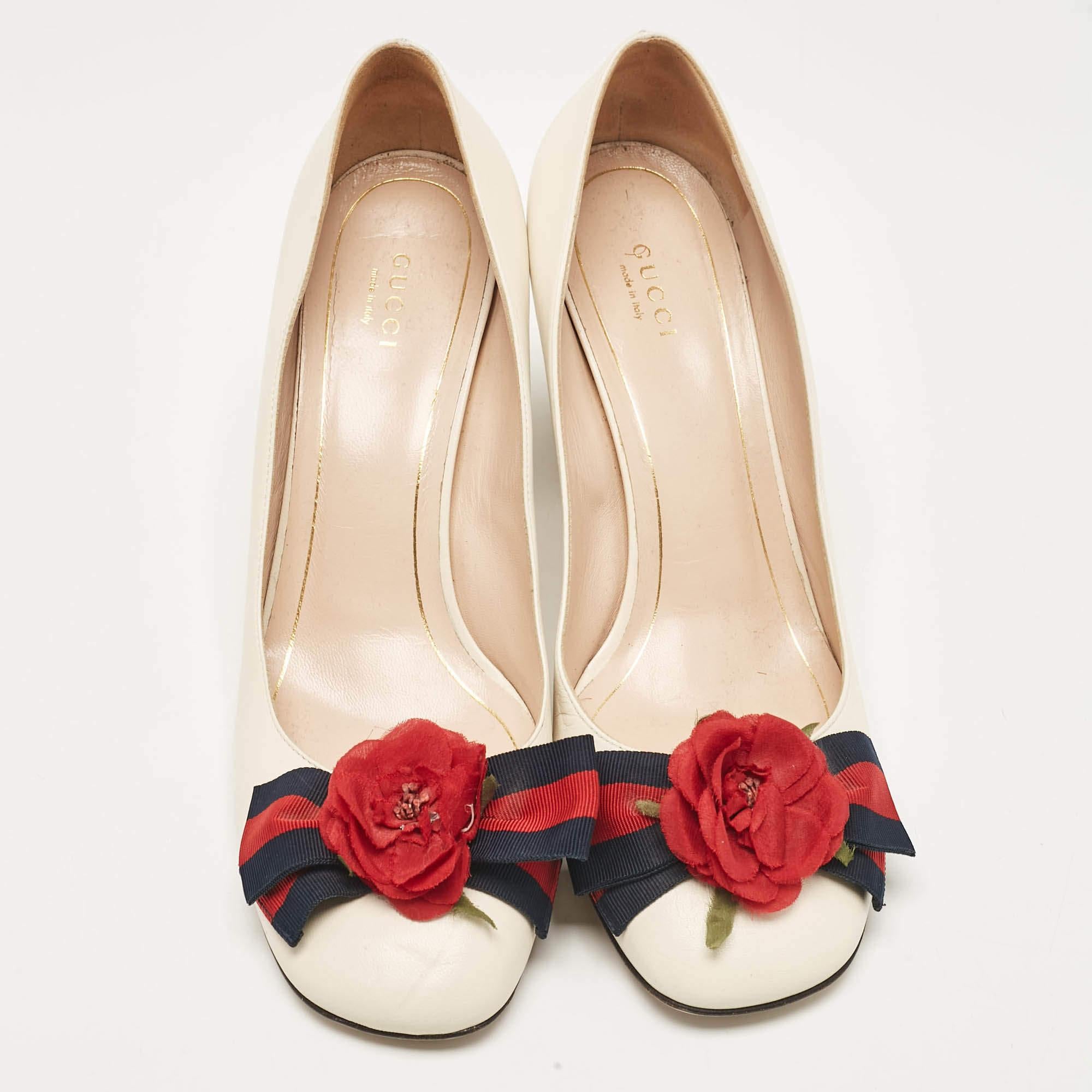 Beige Gucci Cream Leather Block Heel Pumps Size 40
