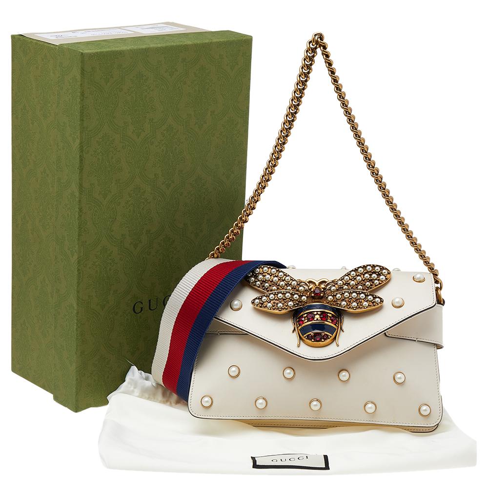 Gucci Cream Leather Broadway Pearly Bee Shoulder Bag 4