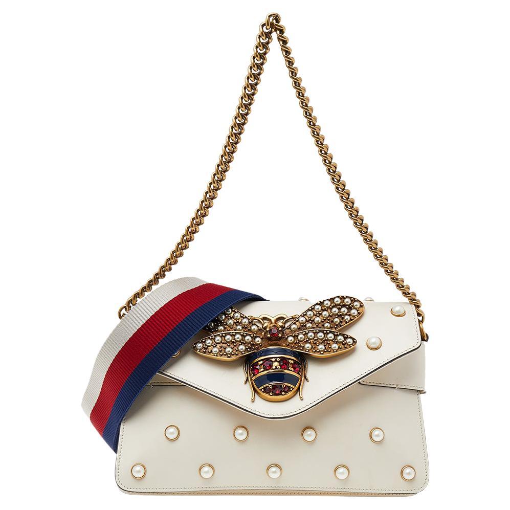 Gucci Cream Leather Broadway Pearly Bee Shoulder Bag