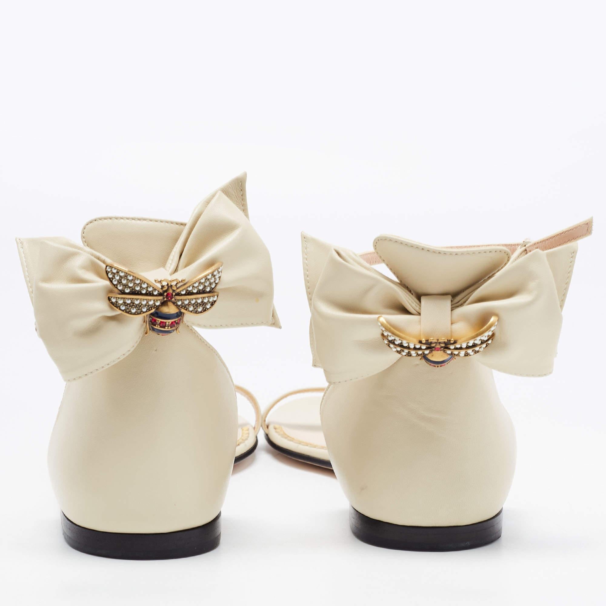 Gucci Cream Leather Embellished Bee Bow Ankle Strap Flat Sandals Size 41 1