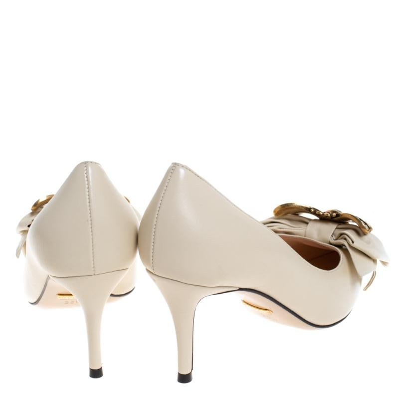 Beige Gucci Cream Leather Embellished Bow Queen Margaret Pumps Size 36.5