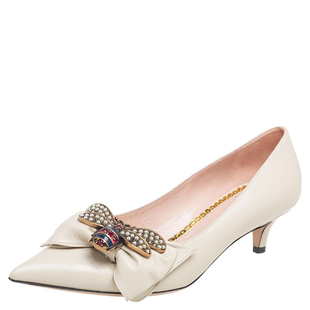 Women's Gucci Cream Leather Embellished Bow Queen Margaret Pumps Size 36.5