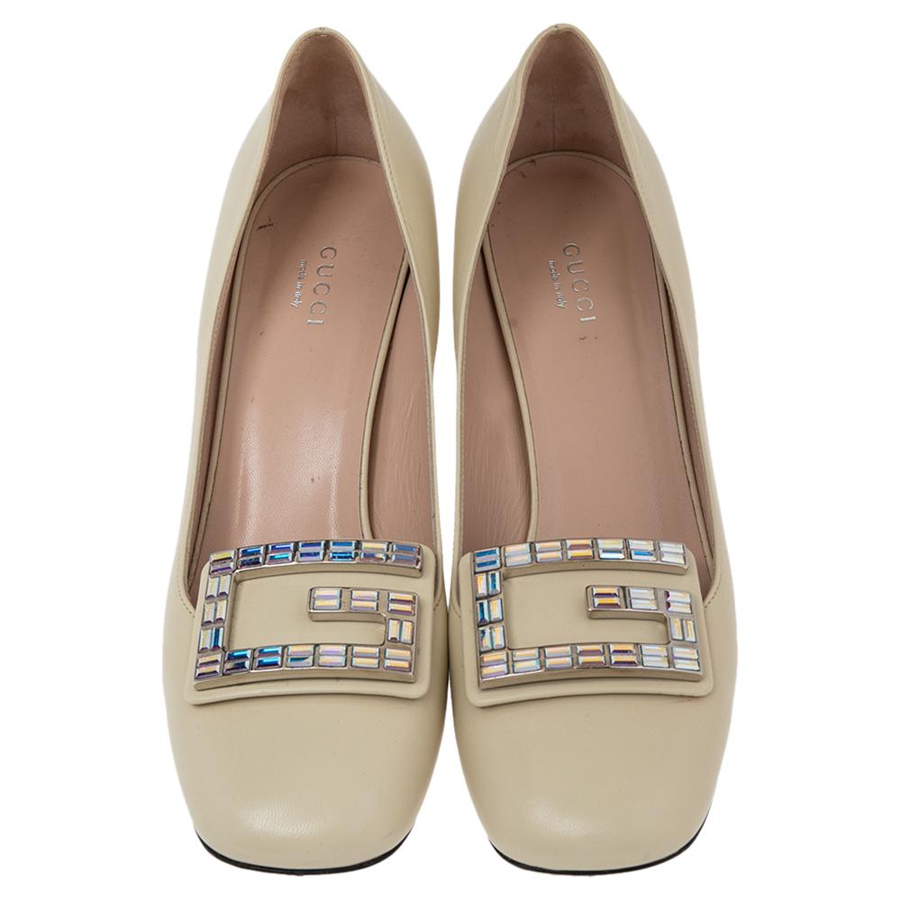 Beige Gucci Cream Leather GG Embellished Madelyn Pumps Size 39