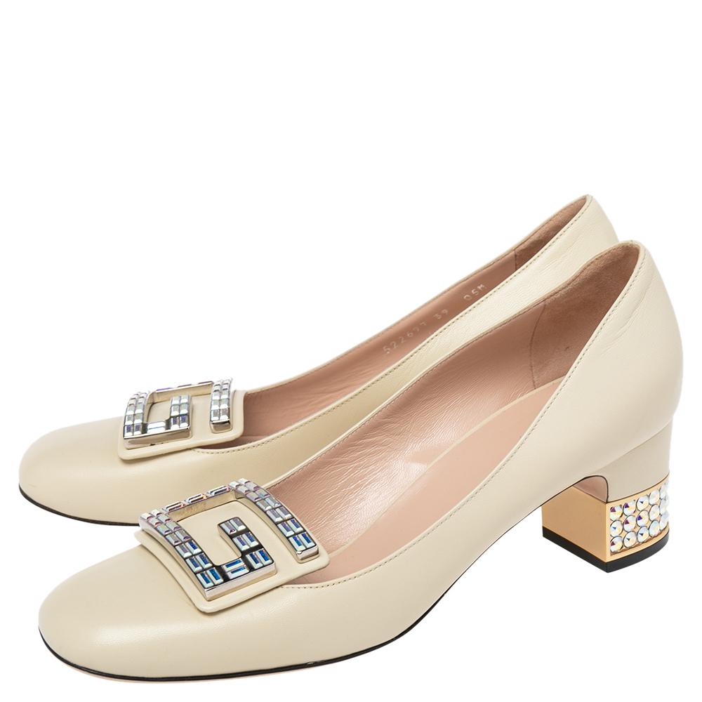 Gucci Cream Leather GG Embellished Madelyn Pumps Size 39 2