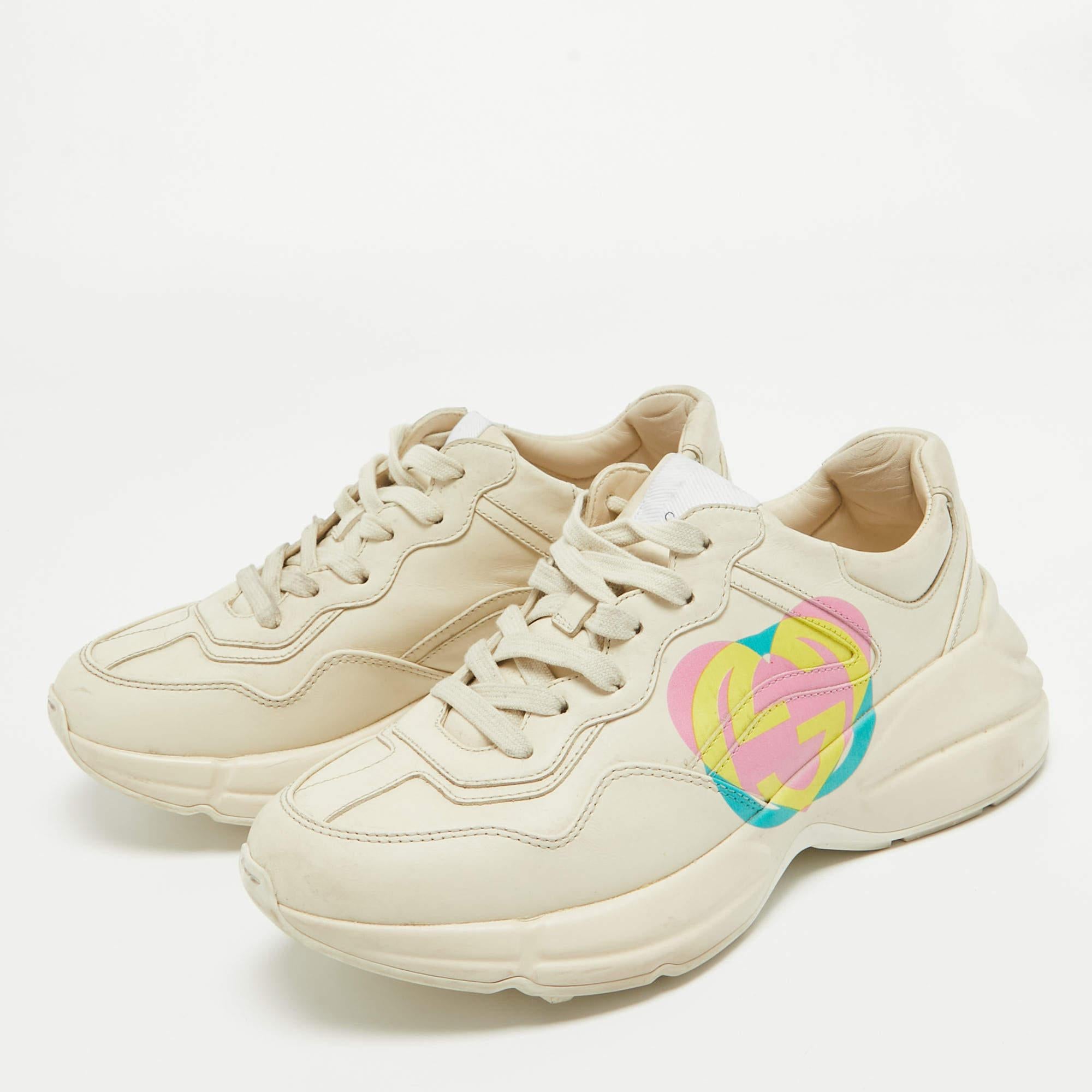 Gucci Cream Leather GG Heart Rhyton Sneakers Size 38 For Sale 4