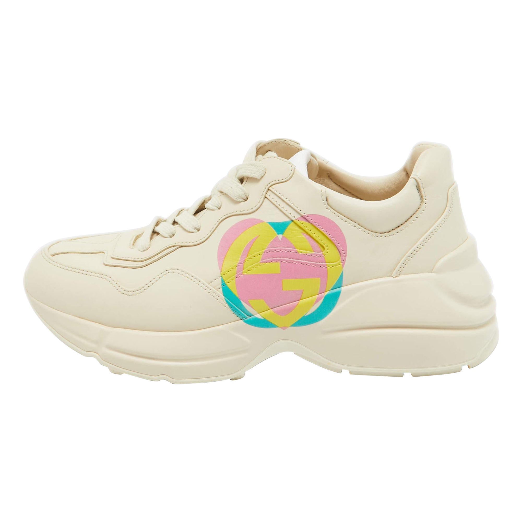 Gucci Cream Leather GG Heart Rhyton Sneakers Size 38