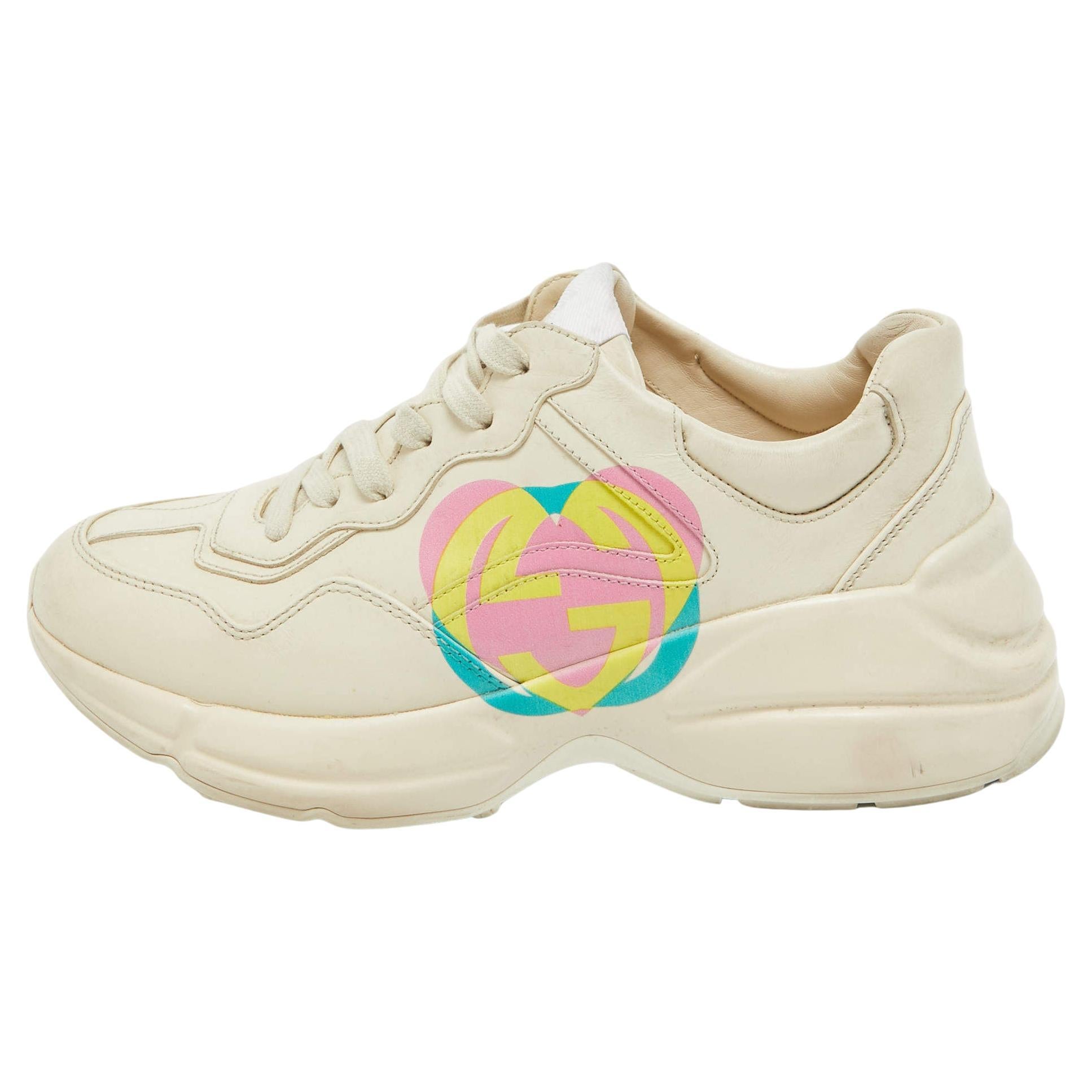Gucci Cream Leather GG Heart Rhyton Sneakers Size 38 For Sale