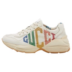 Used Gucci Cream Leather Glitter Logo Rhyton Sneakers Size 40