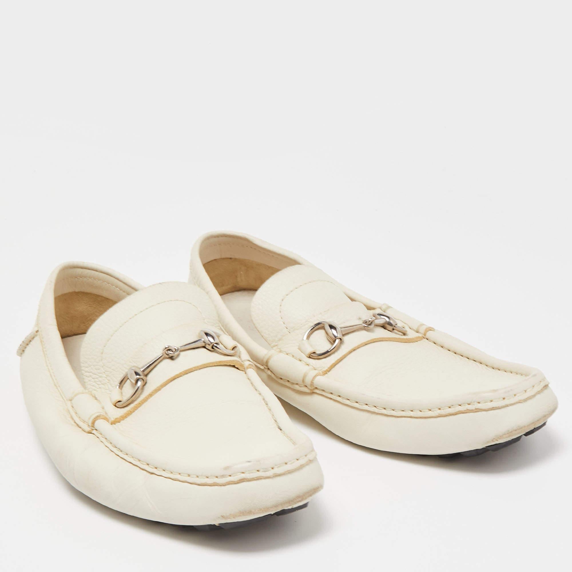 Gucci Cream Leather Horsebit Loafers Size 45 For Sale 1