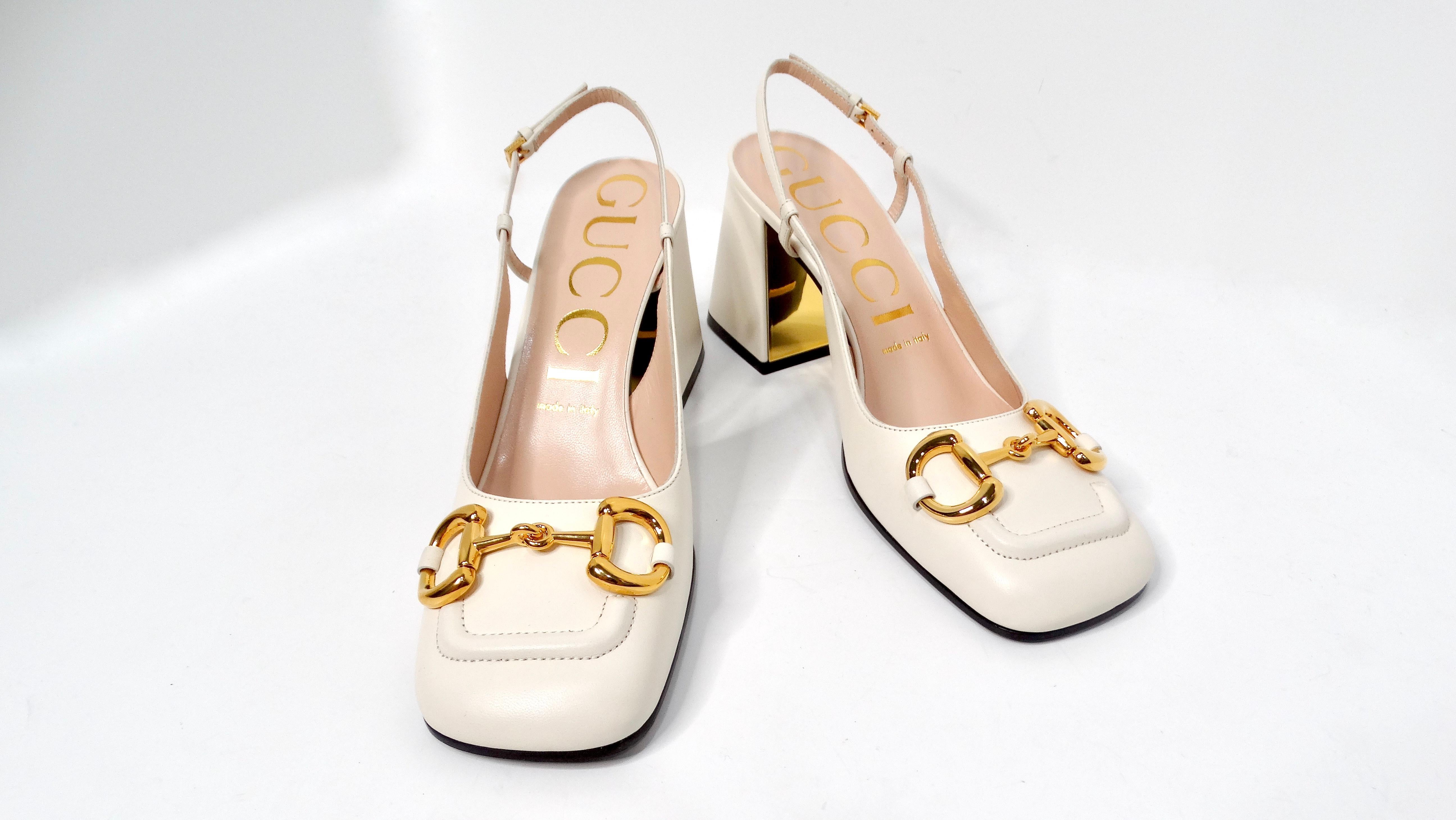 Zapatos de tacón con puntera cuadrada Gucci Horsebit de piel color crema en Bueno Estado en Scottsdale, AZ