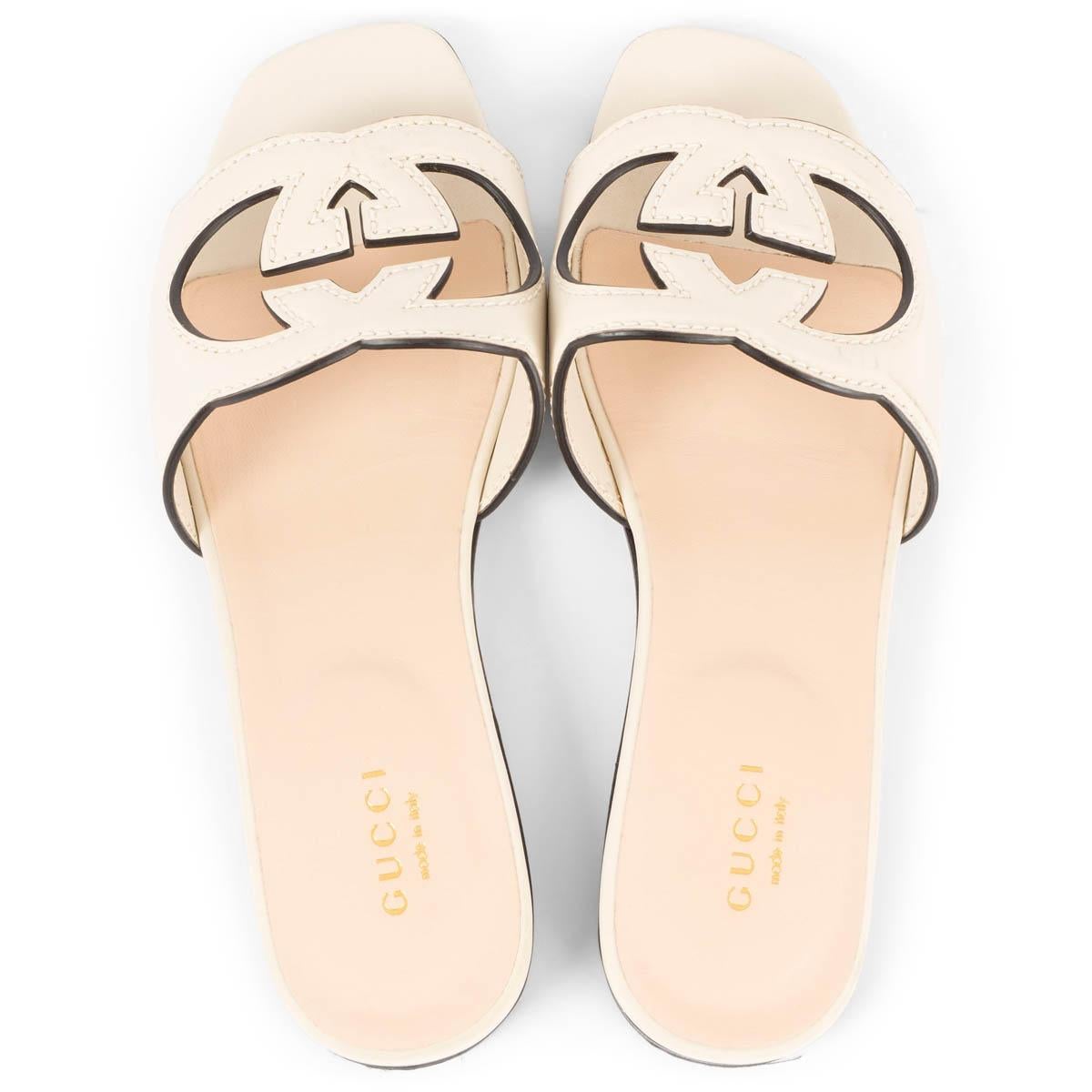 Women's GUCCI cream leather INTERLOCKING G CUT-OUT SLIDE Sandals Shoes 35 For Sale