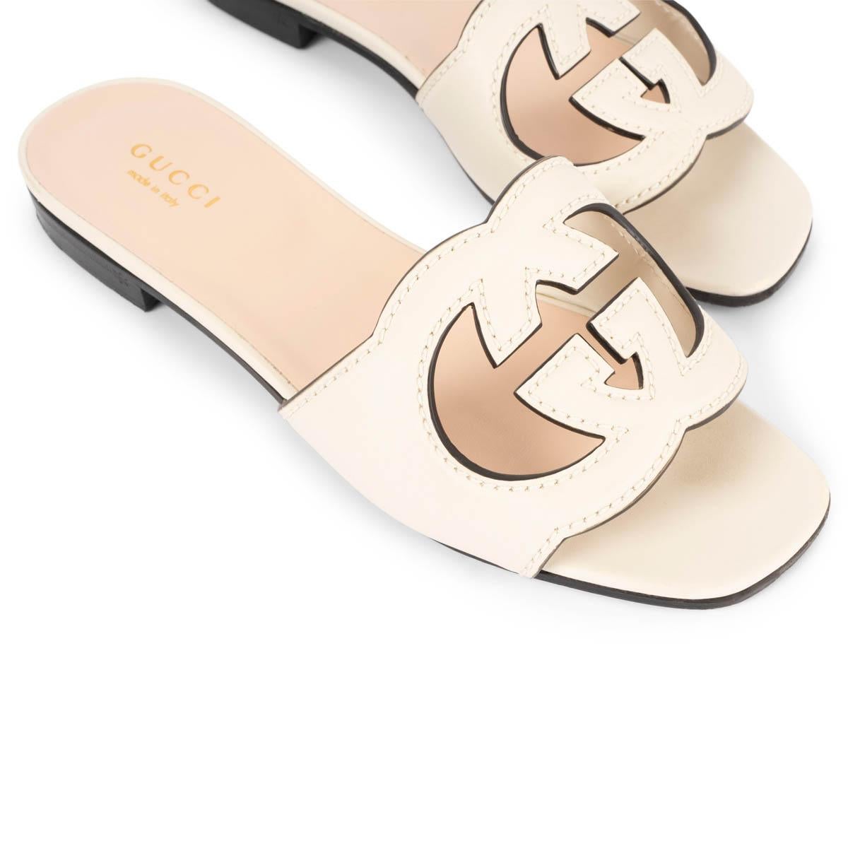 GUCCI cream leather INTERLOCKING G CUT-OUT SLIDE Sandals Shoes 35 For Sale 1