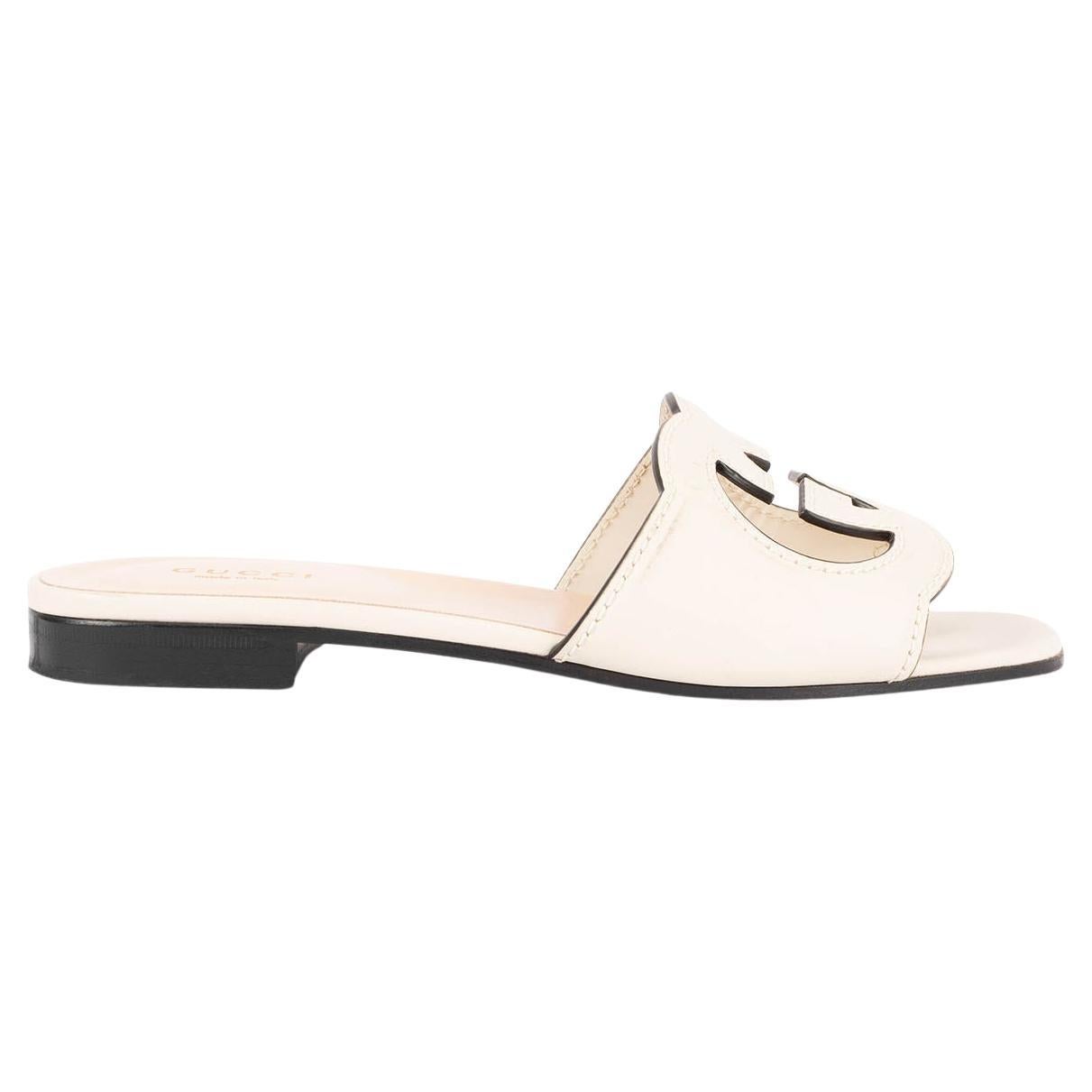 GUCCI cream leather INTERLOCKING G CUT-OUT SLIDE Sandals Shoes 35 For Sale