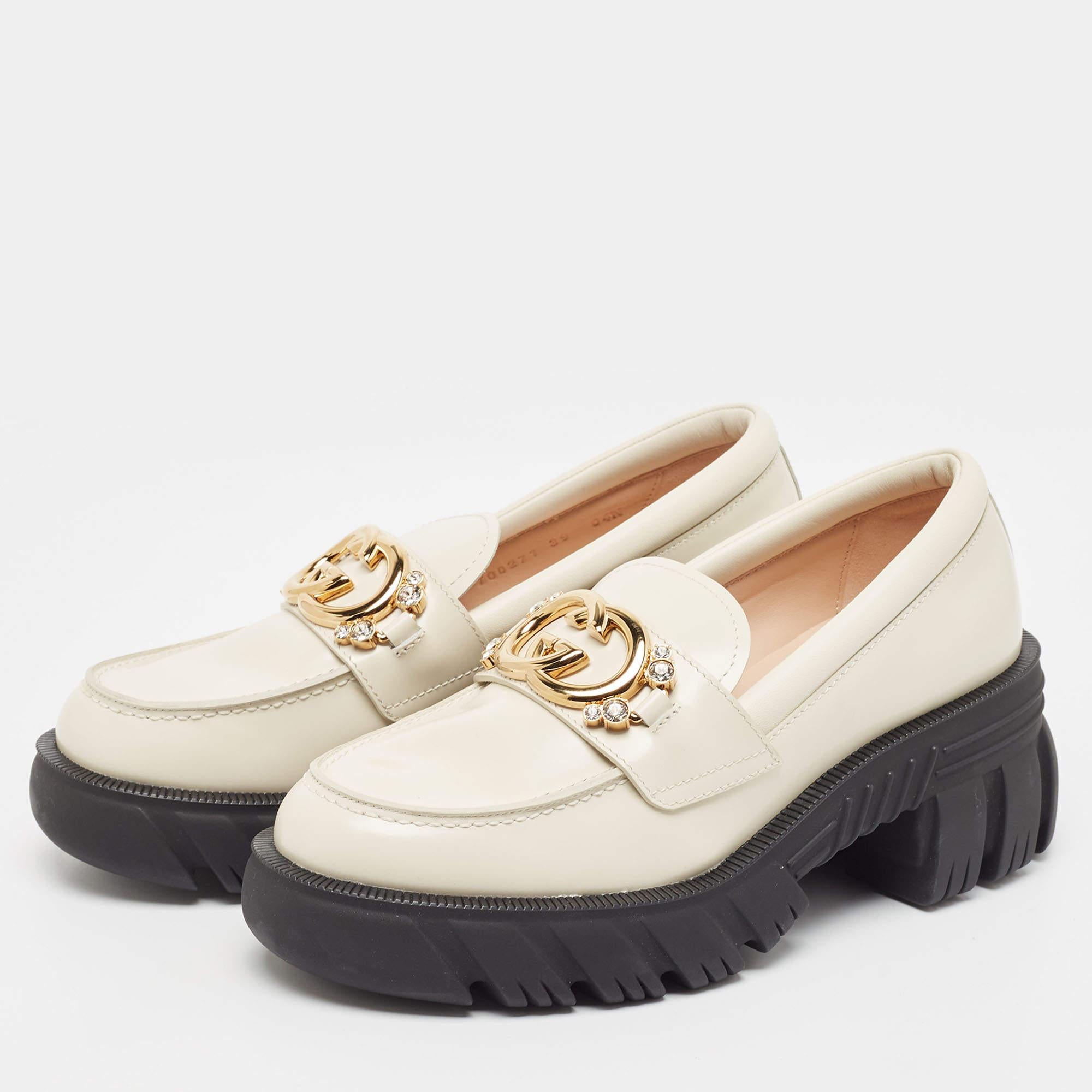 Gucci Cream Leather Interlocking GG Platform Loafers Size 39 3
