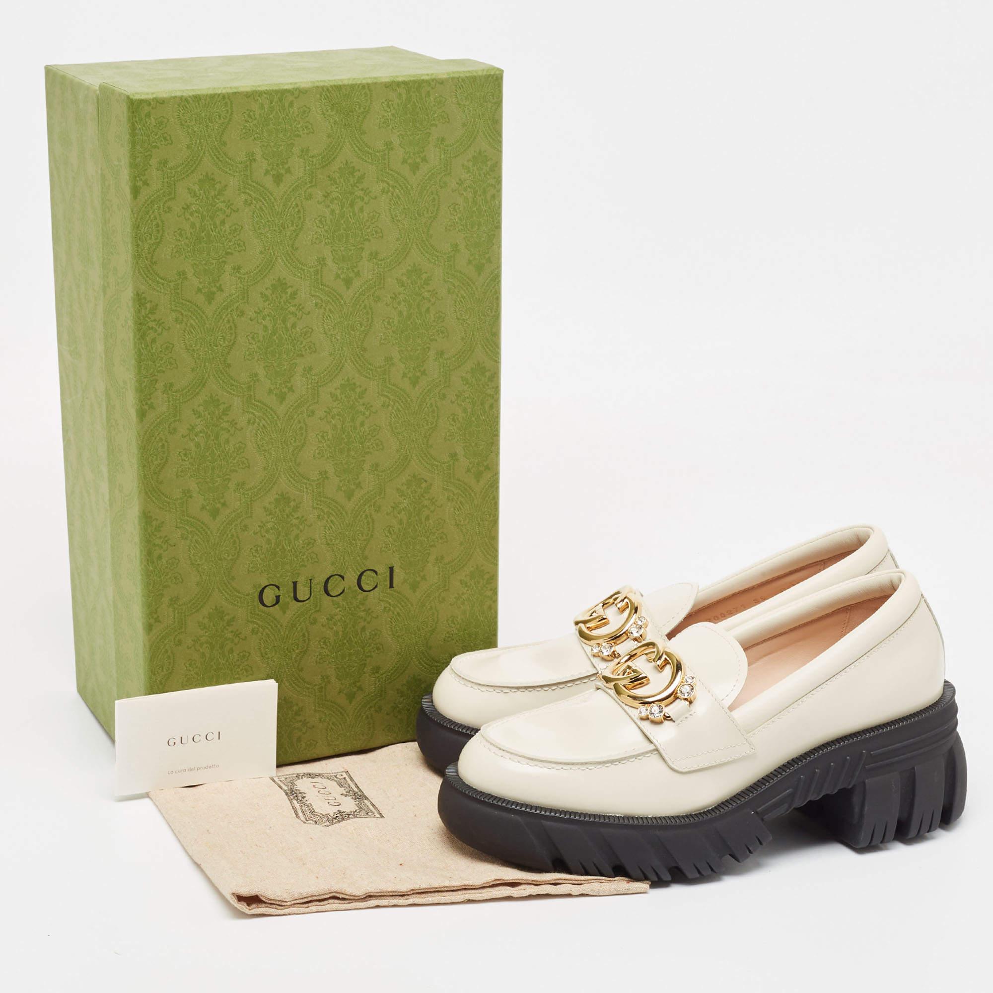 Gucci Cream Leather Interlocking GG Platform Loafers Size 39 4