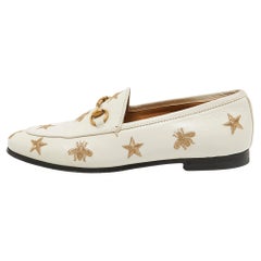 Gucci Cream Leather Jordaan Embroidered Bee Horsebit Slip On Loafers Size 35