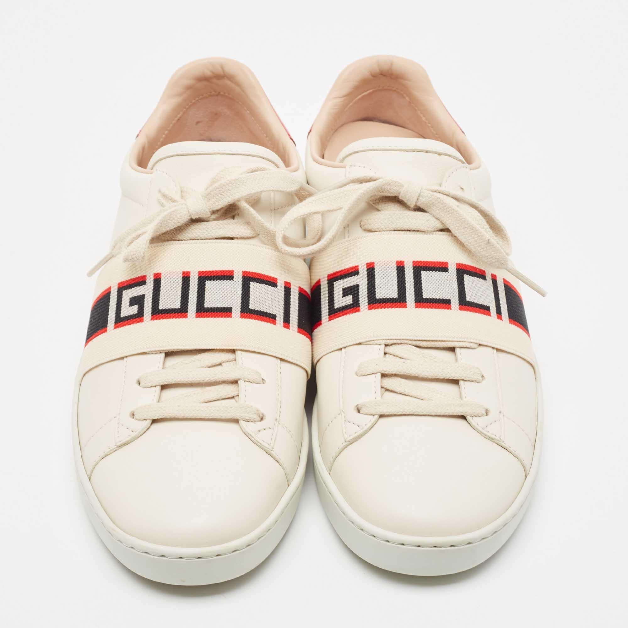 Give your outfit a luxe update with this pair of Gucci cream sneakers. The shoes are sewn perfectly to help you make a statement in them for a long time.

Includes: Original Dustbag, Original Box, Info Booklet


