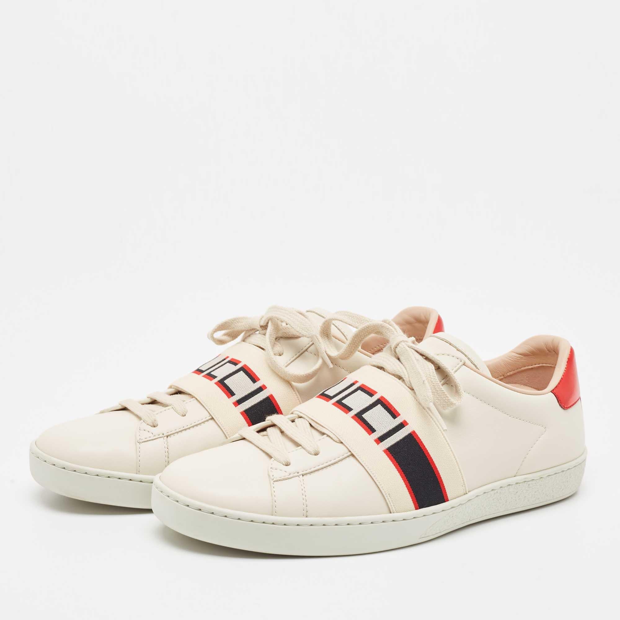 Gucci Cream Leather Logo Elastic Band Ace Sneakers Size 39 For Sale 2