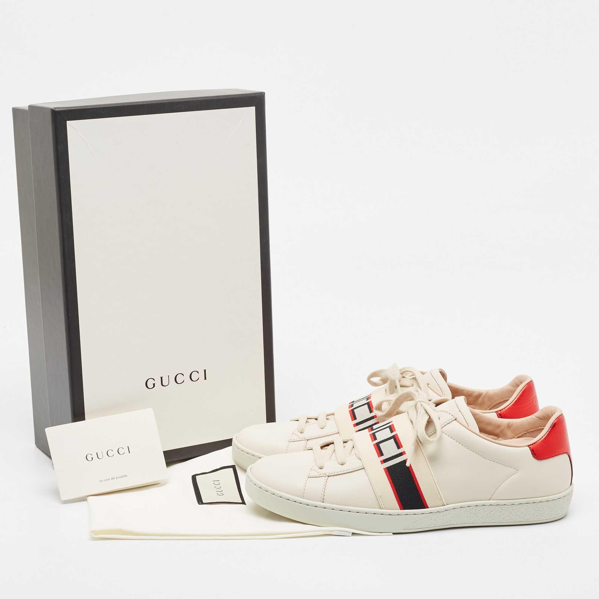 Gucci Cream Leather Logo Elastic Band Ace Sneakers Size 39 For Sale 3