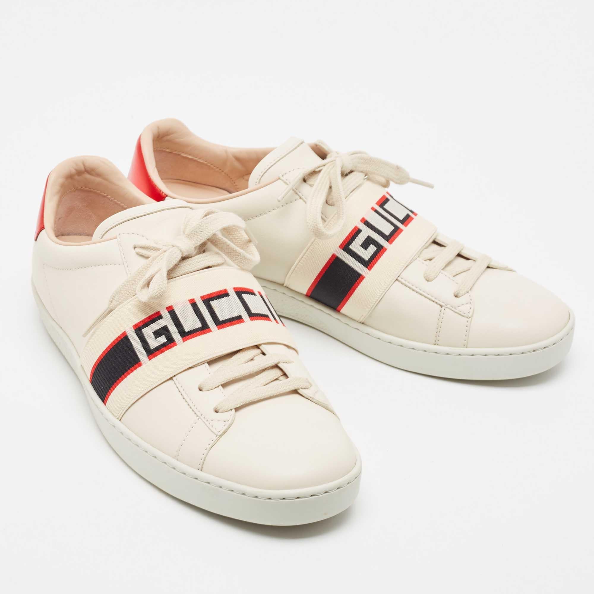 Gucci Cream Leather Logo Elastic Band Ace Sneakers Size 39 For Sale 4