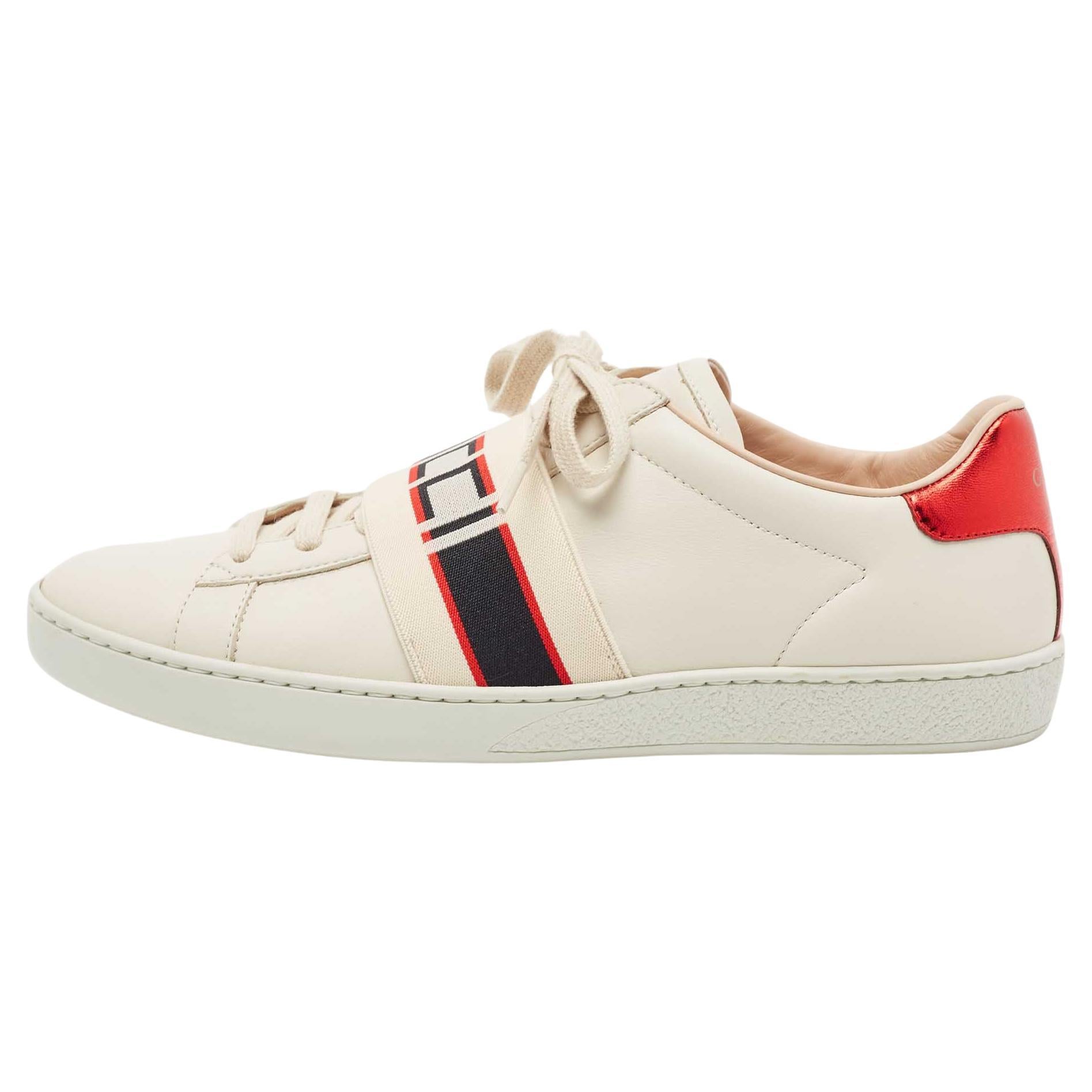 Gucci Cream Leather Logo Elastic Band Ace Sneakers Size 39 For Sale