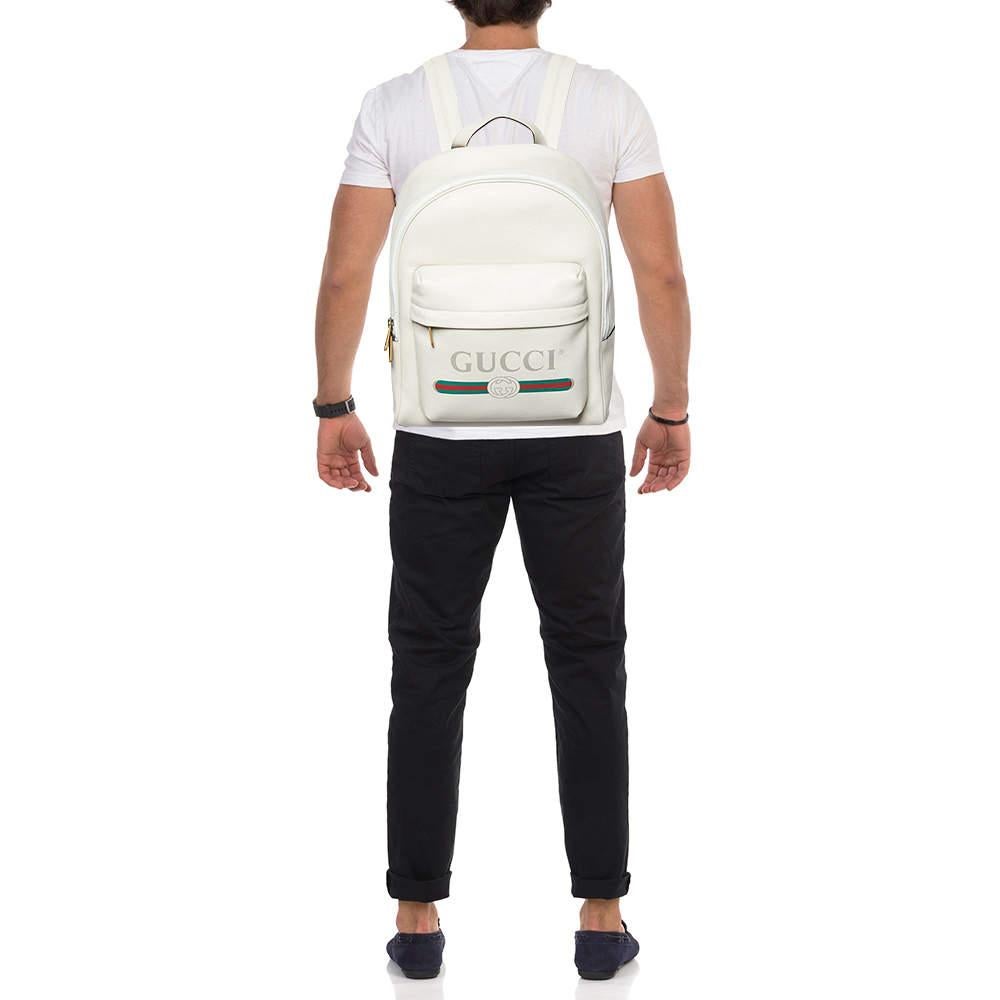 Beige Gucci Cream Leather Logo Print Backpack