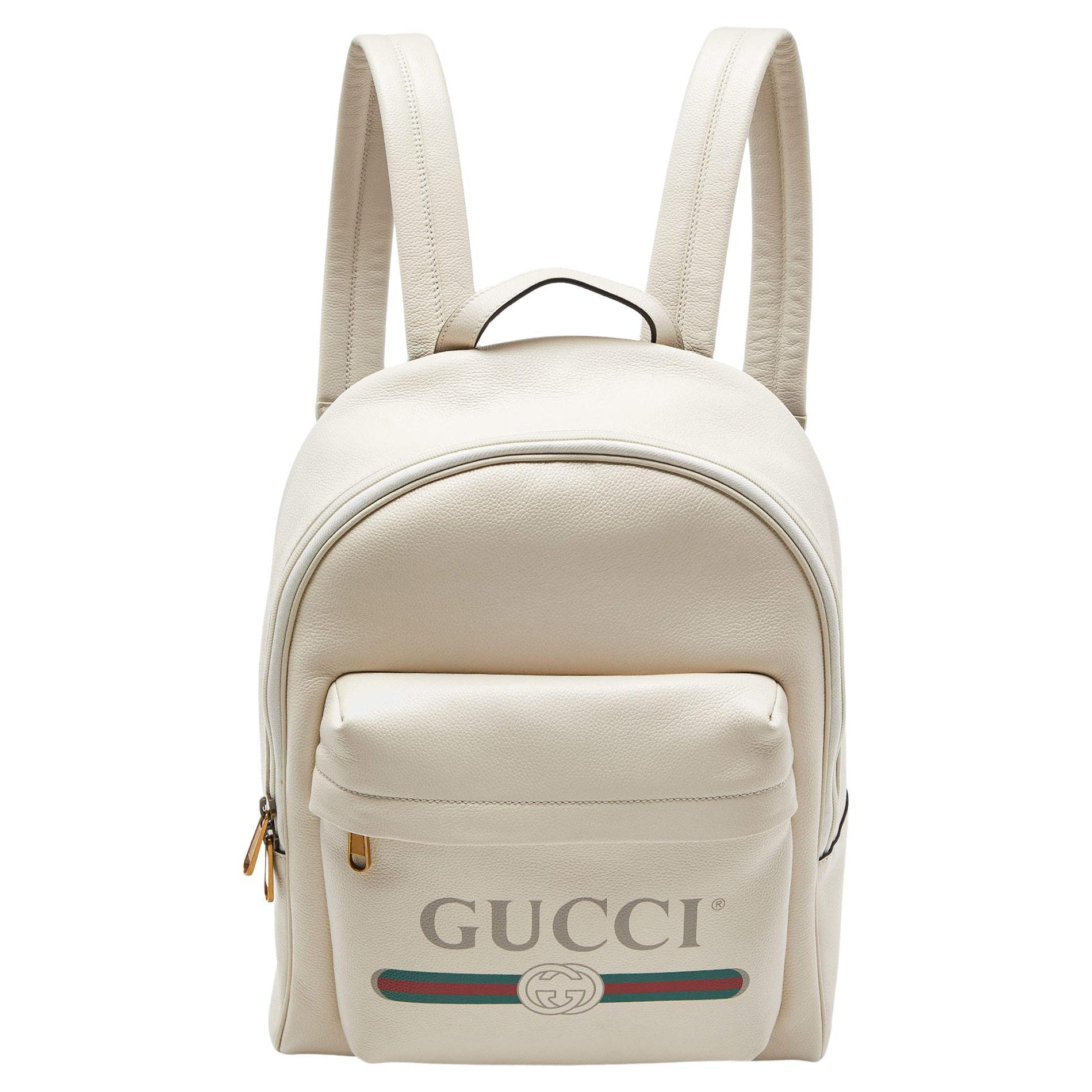 Gucci Cream Leather Logo Print Backpack