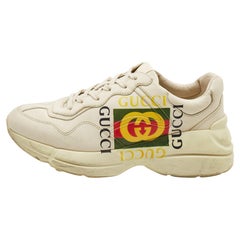 Used Gucci Cream Leather Logo Print Rhyton Sneakers Size 39.5